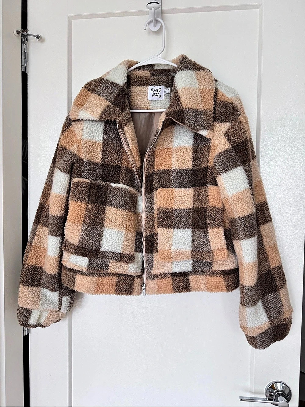 Princess Polly Doria Checkered Cropped Teddy Jacket